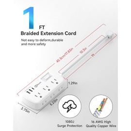 Short Extension Cord 1 ft - Flat Plug Small Power Strip Surge Protetor with 6 Outlets 3 USB (5V/3.4A 17W) Charging Ports, Multi Plug Wall Outlet Splitter for Home Office Dorm Roomc, White