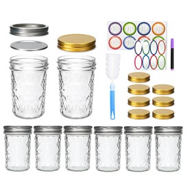 Datttcc 8oz Mason Jars,Canning Jars,Jam Jars for Jelly,Honey,Wedding Favors, Food Storage for Kitchen & DIY Gifts,with Lables,Pen and Sponge Brush,Set of 8