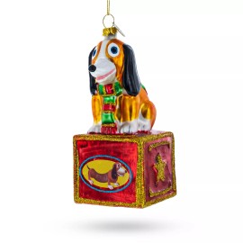 BESTPYSANKY Playful Toy Dog on Festive Red Box Glass Christmas Ornament