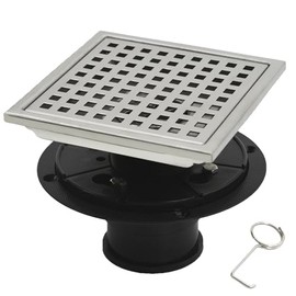 6 Inch Square Shower Floor Drain with Flange, Removable Quadrato Pattern Grate, Food-Grade SUS 304 Stainless Steel, Brushed Nickel with Hair Filter & Anti-Drop Design
