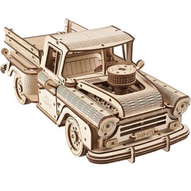 UGEARS Pickup Lumberjack 3D Puzzle - Classic 1950s Pickup Truck 3D Wooden Puzzles for Adults and Kids with Powerful Spring Motor - Detailed Car Model Kit - DIY Model Car Kits 3D Puzzles for Adults
