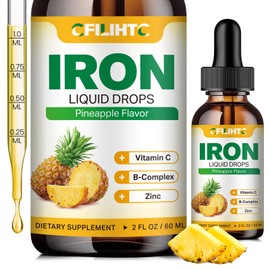 Liquid Iron Supplement for Women Men & Kids Multivitamin Iron Drops with Folate, Vitamin C, B6, B12, Zinc for Anemia, Iron Deficiency, Blood Builder, Energy - Natural Pineapple Flavor, Vegan 2 Fl Oz