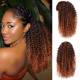 Colorfulpanda Ponytail Extension Braid Ponytail Hairpiece Hair Extension Curly with Drawstring Long Curly Natural Synthetic Hair Black Mix Copper Red Afro Kinky Curly Ponytail for Women 40 cm