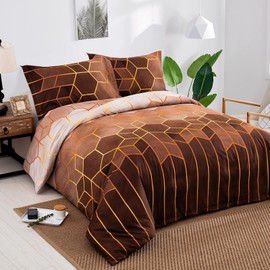 Brown Geometric Duvet Cover Golden Stripes Bedding Set, Reversible Lightweight Bedding Sets 3pcs with Zipper Closure (Double, 200x200cm)