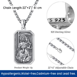 Eusense La Santa Muerte Necklace 925 Sterling Silver Santa Muerte Jewelry Grim Reaper Necklace Cadena De La Santa Muerte Pendant Necklace for Men Women