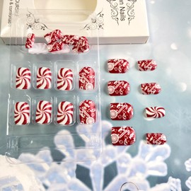 Vopintpy Funny White Candy Swirl Press on Nails Winter Christmas Fake Nails Short Square Glue on Nails with Red Glitter Design Glossy Xmas Stick on Nails for Women DIY Manicure Decoration