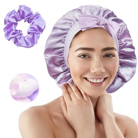 Simnice Mulberry Silk Bonnet for Sleeping Women Curly Hair Bonnet With Tie Band ，Double Layer Anti-Frizz & Hair Protection，Purple