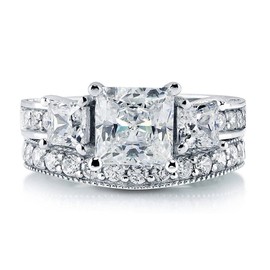 BERRICLE Sterling Silver 3-Stone Wedding Engagement Rings 2 Carat Princess Cut Cubic Zirconia CZ Ring Set for Women, Rhodium Plated Size 8