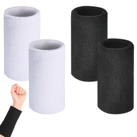 Pack of 4 15 cm long black and white sweatbands, sweatband, wristband, wrist sweatbands, sports sweatbands for handball, basketball, tennis, 2 black + 2 white