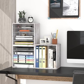 PAG-Mass Mail Sorter Organizer, Wood Countertop Vintage Literature Organizer, Office Supplies Desktop File Bill Paper Organizer for Office Home School, 4 Compartments, Retro White