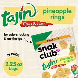 Snak Club Pineapple Rings, Tajin Chili & Lime Seasoned, Sweet and Spicy Gummy Candy, Mild in Heat Bold in Flavor, Low-Fat, Vegan, Gluten-Free Snack, Snack Size, 2.25 Ounce, 12 Count