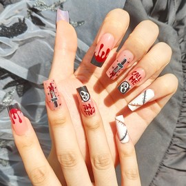 Buouo Christmas Press on Nails, 24pcs Fake Nails with Christmas Elements Designs, ABS Safety Resin Material and Upgraded Jelly Glue, Christmas Nails for Women and Girls, Style 4