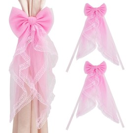 BENECREAT 2pcs Lace Bow Curtain Tiebacks, Bowknot Lace Mesh Ribbon Curtain Ties Hot Pink Elegant Drapery Holdbacks for Window Office Hotel Home Decoration, 24x7.8inch