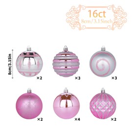 FlameFlash 3.15" Pink & Silver Christmas Ornaments, 16PCS Shatterproof Modern Pattern Christmas Ball Ornaments, Christmas Baubles Hanging Decor for Trees/Exhibition/Party/Mall/Festival