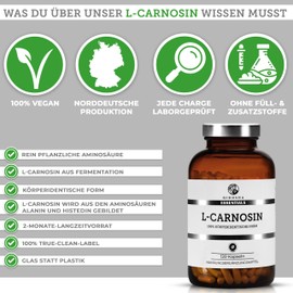 QIDOSHA® L-Carnosin Kapseln hochdosiert, 120 Kapseln im Apothekerglas, 1000mg je Tagesportion (2 Kapseln), vegan, laborgeprueft, deutsche Fertigung