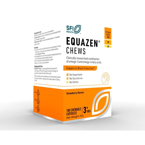 EQUAZEN Chews | Omega 3 & 6 Supplement | Blend of DHA, EPA & GLA | Supports Brain Function | Suitable for Children from 3+ to Adults | 180 Strawberry Flavoured Chews