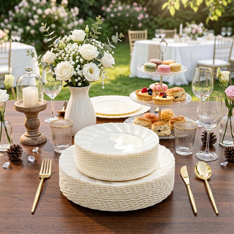 U-QE 60PCS Ivory Plastic Plates for Party – Scalloped Disposable