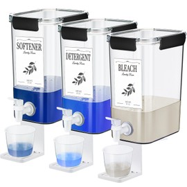 Soaoo 3 Set 87 oz Liquid Laundry Detergent Dispenser with Faucet and Cup Holder Labels Plastic Fabric Softener Container Detergent Drip Catcher for Laundry Room Washing Soap