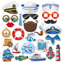 Set di 25 puntelli fotografici marittimi, blu e bianco, accessori di scena, divertenti per selfie fai da te, per marinai, capitano, nave, decorazione per foto, booth, props
