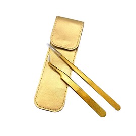 yueton 2pcs Gold Color Coated Stainless Steel Straight and Curved Head Tweezers with Leather Case for Eyelash Extension