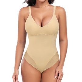 UMIPUBO Womens Shapewear Bodysuit Tummy Control Full Body Shaper Sculpting V Neck Bodysuit Adjustable Straps Shaping Leotard Tops Waist Trainer Vest with Bra (Beige, L)