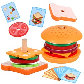 Mineup Montessori Hamburger Stacking Toy, Children's Kitchen Accessories, Wooden Sandwich Stacking Burger Stacking Toy Set, Wooden Burger Toy, Kitchen Accessories Children for Toddlers from 4 Years,