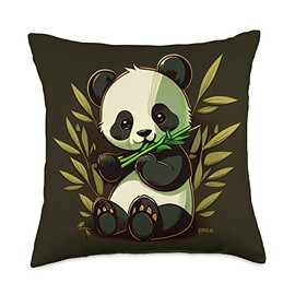 Cute Kawaii big panda eating bamboo shoots in forest Throw Pillow