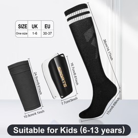 Aquzhou Kids Football Socks Set with Shin Pads Boys and Shin Pad Sleeves, Aged 6-13 Boys Football Socks Cushioned Knee High Breathable Girls Boys Soccer Sock for Kids Junior (Black)