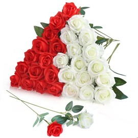 30 rosas artificiales ramo de flores rojas y blancas de seda falsa con tallo largo, flores realistas para arreglos de boda, fiestas, centros de mesa de mesa para decoración del hogar