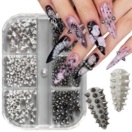 6 Grids Metallic Punk Nail Charms Alloy Black Silver Nail Art Studs 3D Goth Nail Art Charms Mini Bullet Rivet Nail Gems Rhinestones Gothic Nail Jewelry Punk Cone Spiked Nail Decor for Women Manicure