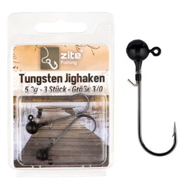 Zite Fishing Tungsten Jig Hook Set, Lead-Free Jig Heads with Fishing Hooks, 1/0-5/0 Matte Black, Ultra Sharp Jigheads Hooks, Bass & Zander Fishing, Rubber Bait Hooks with Fishing Weight (3/0 5.3 g)
