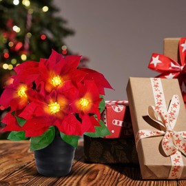 Sggvecsy 2 Pack Artificial Poinsettia Flowers Red Velvet 12inch Poinsettias Plant in Pot LED Lighted Faux Silk Potted Flower Arrangement Christmas Decorations for Home Indoor Outdoor Garden Xmas Gift