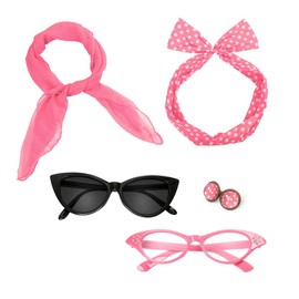 BengPro Retro 50's Costume Accessories Set Polka Dot Chiffon Scarf Cat Eye Glasses Bandana Tie Headband & Earrings for Girls Women Ladies Dress Up (Pink)