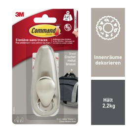 Command Metallhaken Forever Classic, gebürstetes Nickel - 1 Metallhaken und 2 Klebestreifen - Zum Aufhängen von Taschen und Kleidung - Haken für Wand oder Tür, ohne Bohren, hält bis zu 2,2 kg