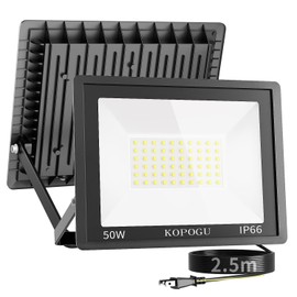 KOPOGU LED Floodlight, 50W Ultra Bright, 8.2 ft (2.5 m) Cord, Ultra-Thin, Aluminum, Outdoor Light, Adjustable Angle, 5,000 lm, Daylight Color, 6,500 K, Supports Heavy Rains, IP66 Waterproof, Energy