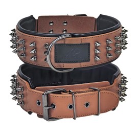 Kawagogo Spiked Real Leather Dog Collar，Handmade Dog Collar for Large Dogs，2.2 Inches Wide，German Shepherd Pitbull Doberman (Brown, 22''-25'')