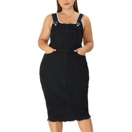 Agnes Orinda Plus Size Overalls Dresses for Women Jean Adjustable Strap Back Slit Distressed Denim Overall Dress 2X Black