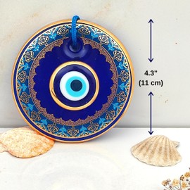 Erbulus 4.3" Glass Blue Evil Eye Wall Hanging Gold and Turquoise Floral Design Ornament – Turkish Nazar Bead - Home Protection Charm - Wall Art Amulet in a Box