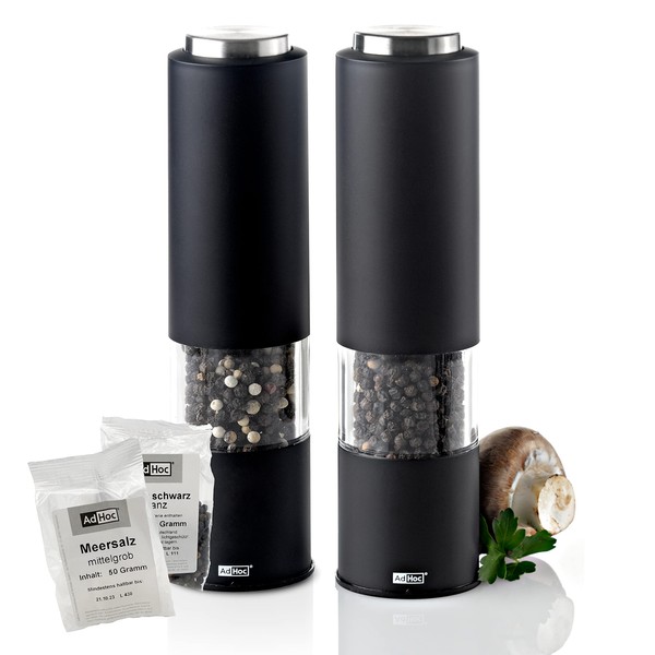 AdHoc TROPICA Electric Salt and Pepper Mill Set of 2 in Black with Ceramic Grinder Adjustable Fine to Coarse Including Salt and Pepper