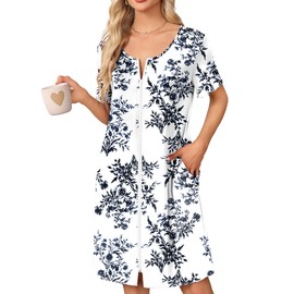 Ekouaer Womens' Zipper Robe Short Sleeve Bathrobes Summer Sleepwear Soft Housecoat with Pockets Zip Up House Robes Floral White L