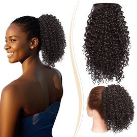 Benehair Afro Kinky Curly Ponytail Extension 8 Inch Wave Drawstring Ponytail Hair Extensions Synthetic Clip in Ponytail Hair Extensions Jet Black Hair Piece for Women (Jet Black, 130g)