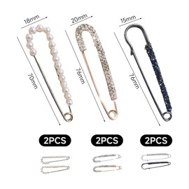 6 Pieces Safety Pins, Diamond Brooches, Pearl Clothing Brooches, Jacket Clips, Dress Decorative Brooches
