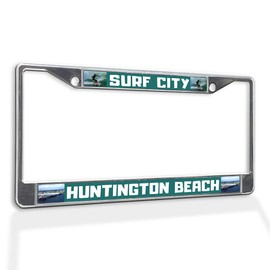 Fastasticdeals Metal Insert License Plate Frame Surf City Huntington Beach B Weatherproof Car Accessories Chrome 2 Holes Solid Insert