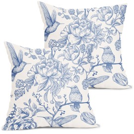 Chinoiserie Blue White Floral Pillow Covers 18X18 Inch French Country Vintage Flowers Bird Decorative Pillow Cases Set of 2 Seasonal Cotton Linen Throw Pillows Farmhouse Home Decor For Sofa Couch