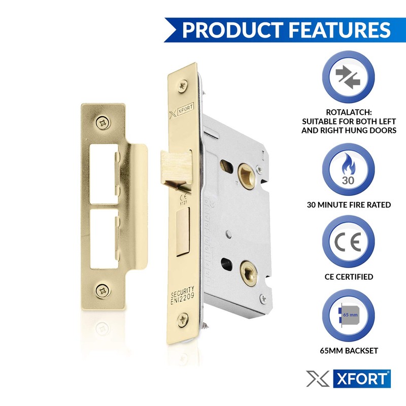 XFORT® Polished Brass Bathroom Lock 65mm for Internal Wooden Doors,