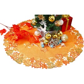 GRANDDECO Christmas Tree Skirt 24 Inch Thanksgiving Orange Tree Mat Harvest Fall Cutwork Embroidered Maple Leaves Xmas Tree Decor for Holiday Party Decorations Indoor Outdoor(Round-24 inches (61cm))