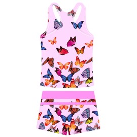 Belovecol Girls Swimsuit Size 10-11 Pink Butterfly Bathing Suit with Boyshorts Stretch UV Protection Rash Guard Set Summer Two Piece Halter Tankini