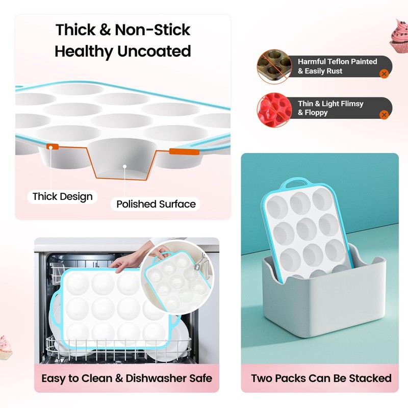 Fimary Silicone Muffin Pans for Baking 2 Pack, 2.6 Inch