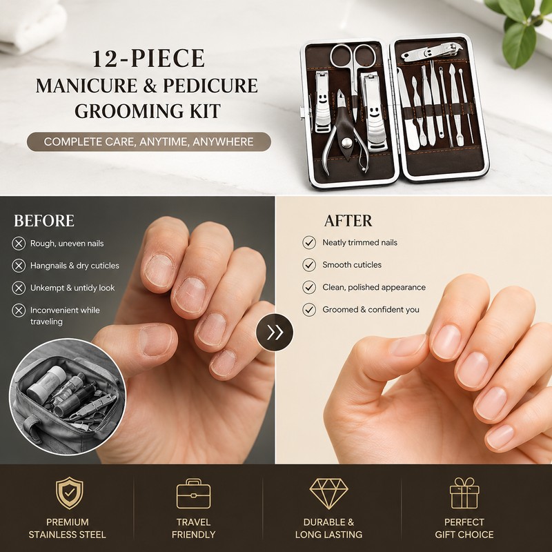 12-Piece Nail Grooming Kit for Manicure and Pedicure – Stainless