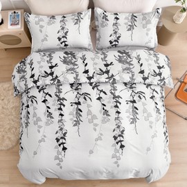 Double Duvet Set Botanical Grey Bedding Set Polyester Breathable Stylish Bedding Set with Pillowcases 3PCS, Grey Leaves, 200x200cm